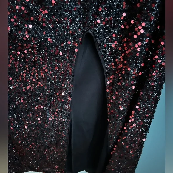 Elegant Black Red Sequin One-Shoulder Split Thigh Belted Dress Plus Size 2X - Picture 6 of 8
